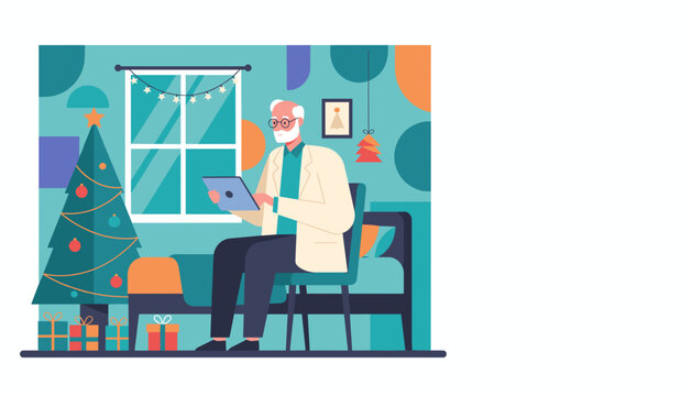 Senior man using tablet near Christmas tree connecting with family during the holidays