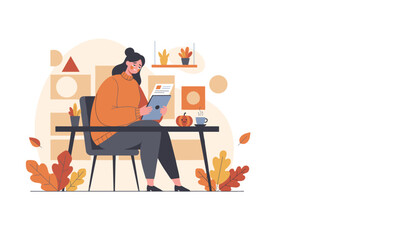 Cozy woman reading a document on a tablet at a table in an autumnal setting