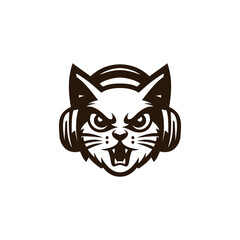 Aggressive cat mascot logo wearing headphones designed in minimalist and modern vector style