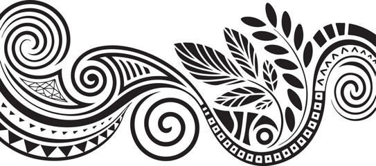 Dynamic Polynesian Tattoo Tribal Pattern with Spirals and Foliage Illustration for Art