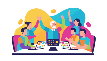 Diverse team celebrating a successful project meeting in a modern colorful office setting