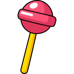 Pixel Art Style Pink Round Lollipop With Yellow Stick On A Transparent Background With White Highlight