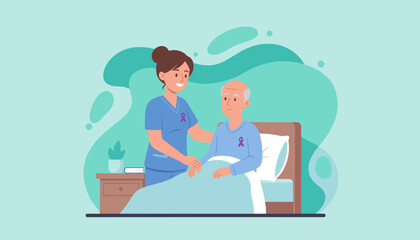 Caregiver comforts elderly patient in bed Healthcare aging support and illness awareness vector