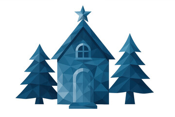 Obraz premium Low poly christmas house and pine trees with star on roof, transparent background, winter holiday season concept design