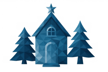 Low poly christmas house and pine trees with star on roof, transparent background, winter holiday season concept design