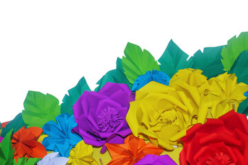 Bouquet of colorful paper flowers isolated on transparent background for wallpapers or graphic designs.