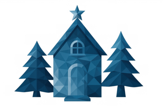 Low poly christmas house and pine trees with star on roof, transparent background, winter holiday season concept design
