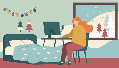 Remote work during holidays Woman uses computer in cozy decorated winter bedroom