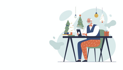 Stylish senior man uses tablet for holiday shoppingcommunication near festive Christmas decor