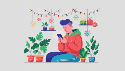 Young man using smartphone in a cozy decorated room with indoor plants and Christmas lights