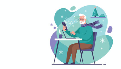 Senior man surprised by data on smartphone while working on laptop during winter holidays