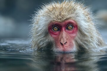 Obraz premium Japanese snow monkey bathing in hot spring close-up
