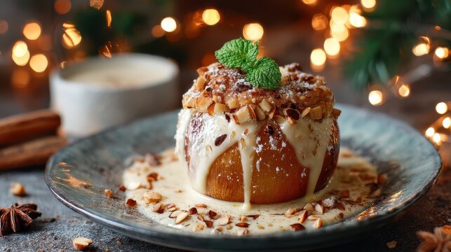 Baked apple with almond filling and vanilla sauce festive Christmas dessert photography