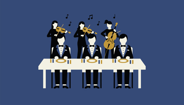 A classy blacktie event with tuxedoed guests formal table settings and string quartet music creating an air of sophistication and elegance.