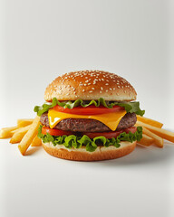 A  burger with fries isolated on a white background