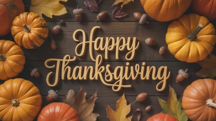 Happy Thanksgiving text surrounded by pumpkins, acorns and autumn leaves on wood fall harvest