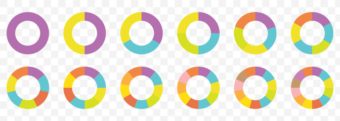 Circle division infographic icon set. Pie chart divided 3,4,5,6 equal parts. Color ring, donut round diagram. Infographic wheel segment and fraction. Circular Infographic Elements–Pie and Donut Chart.
