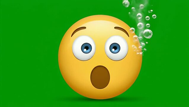 Animated shocked emoji face drowning underwater with bubbles on a green screen background