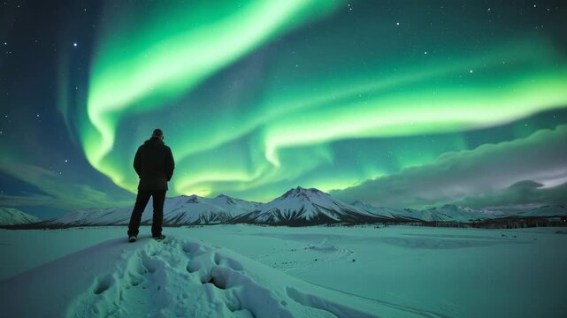 A man in a jacket stands with his back to a snow-covered hill, gazing at the mesmerizing northern lights over the snow-capped mountains. A sense of awe, solitude, and the power of nature.