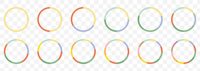 Pie charts diagram set. Circle pie charts 1,2,3,4,5,6,7,8,9,10,11,12 sections. Wheel round segment infographic part. Circle section graph. Pie charts diagrams. On Transparent Background. EPS 10.