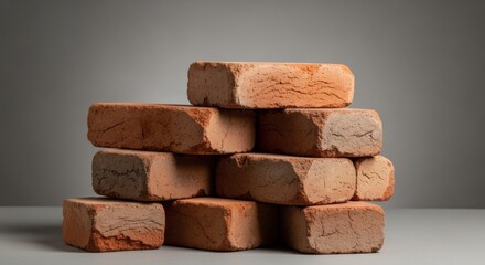 A stable pile of old, weathered red clay bricks with cracked textures, stacked in a pyramid against a grey studio background.
