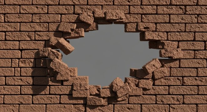 A 3D render of a brown brick wall with a large, gaping hole in the middle, showing bricks pushed inward. A concept of breakthrough, explosion, or escape.