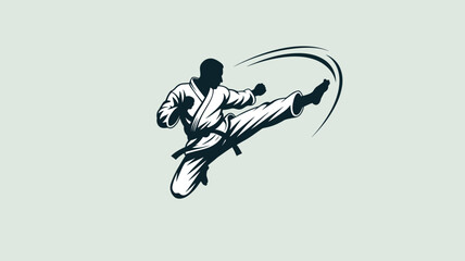 Silhouette of a karate practitioner in mid air performing a kick with motion lines around the leg