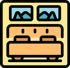 Cozy double bed positioned beneath mountain landscape pictures, creating a relaxing hotel room atmosphere