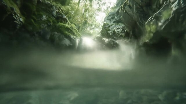 Ethereal split view of a misty rainforest river flowing through a rocky gorge with clear water and lush green moss