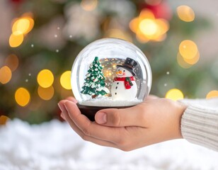 Person holding a snow globe with a snowman in front of a Christmas tree
