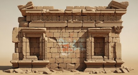 The ruined facade of an ancient stone temple with ornate windows. A 3D illustration of historical architecture, archeology, and forgotten civilizations.