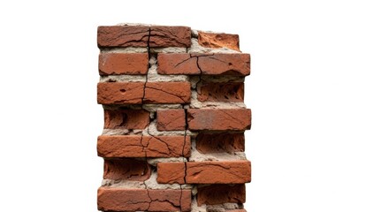 An isolated fragment of a crumbling, cracked red brick column against a white background. A concept for ruin, damage, or structural weakness.
