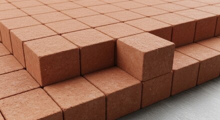 A grid of perfectly uniform red brick cubes with one block raised above the others. A 3D concept of individuality, building, and progress.