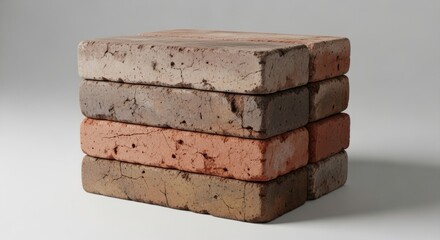 A small, neat stack of reclaimed, multi-colored bricks with rustic textures, isolated on a light grey studio background. A construction material concept.