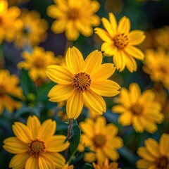 Close-up of bright yellow blossoms with dark green foliage