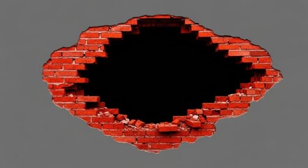 A dynamic view of an exploded hole in a red brick wall, revealing a black void. Isolated element on a grey background for design composites.