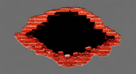 A large, jagged hole blasted through a red brick wall with rubble at the bottom, isolated on a grey background. Represents explosion, breakthrough, or destruction.