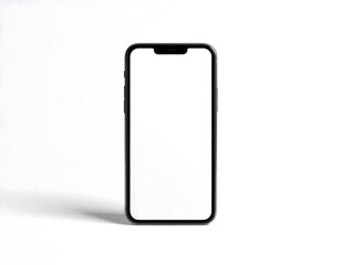 A modern smartphone with a black frame and a blank white screen stands upright against a plain white background.