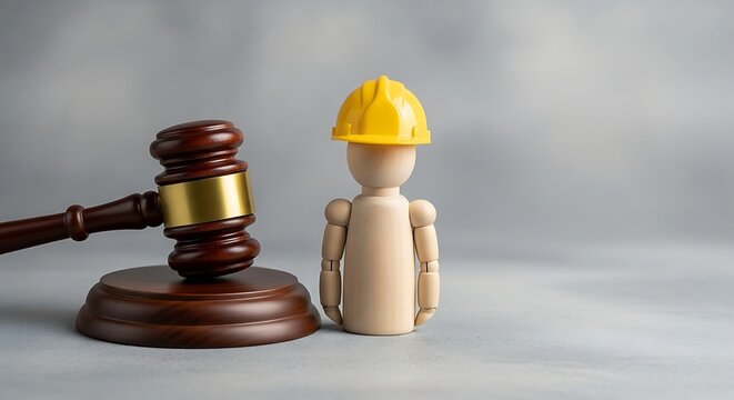 Worker safety and labor law represented by a wooden mannequin in a hard hat next to a judge's gavel.
