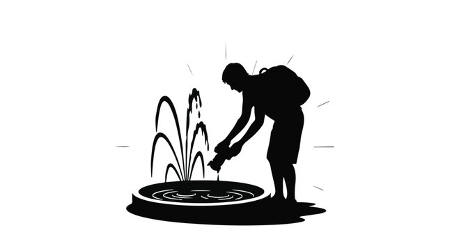 Silhouette of a traveler filling water bottle at a public fountain