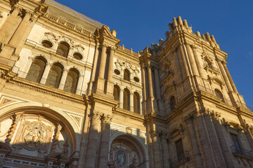 Facade details of the Cathedral of the Incarnation in M&aacute;laga&rsquo;s historic center, Spain.