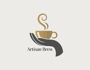 This logo features a stylized hand holding a coffee cup, with steam rising, symbolizing warmth and craft in every brew for the Artisan Brew brand.