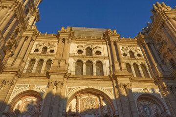 Facade details of the Cathedral of the Incarnation in Málaga’s historic center, Spain.