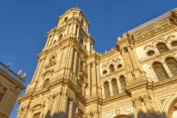 Facade details of the Cathedral of the Incarnation in Málaga’s historic center, Spain.