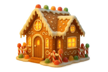 Gingerbread house showing festive holiday dessert with sweet icing, candy decoration, and glowing windows, transparent background