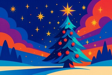 Stylized Christmas tree with glowing star and colorful sky in geometric minimal design