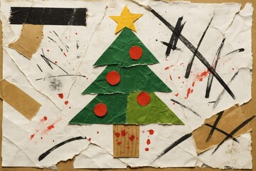 Abstract torn paper collage of Christmas tree with paint splatters and tape marks