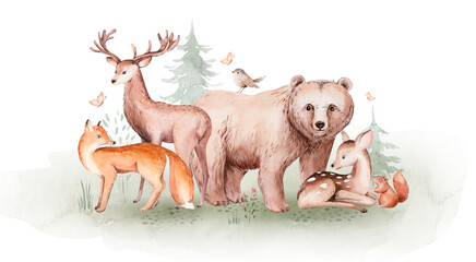 Cute baby fox, deer animal nursery rabbit and bear isolated illustration for children. Watercolor boho forest drawing, , hedgehog image Perfect for nursery posters