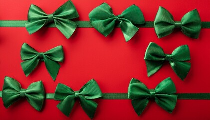 Top view of green velvet tied bows on red background with copy space. christmas background. Generated image