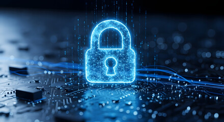 Cybersecurity concept with glowing digital lock icon over circuit board background